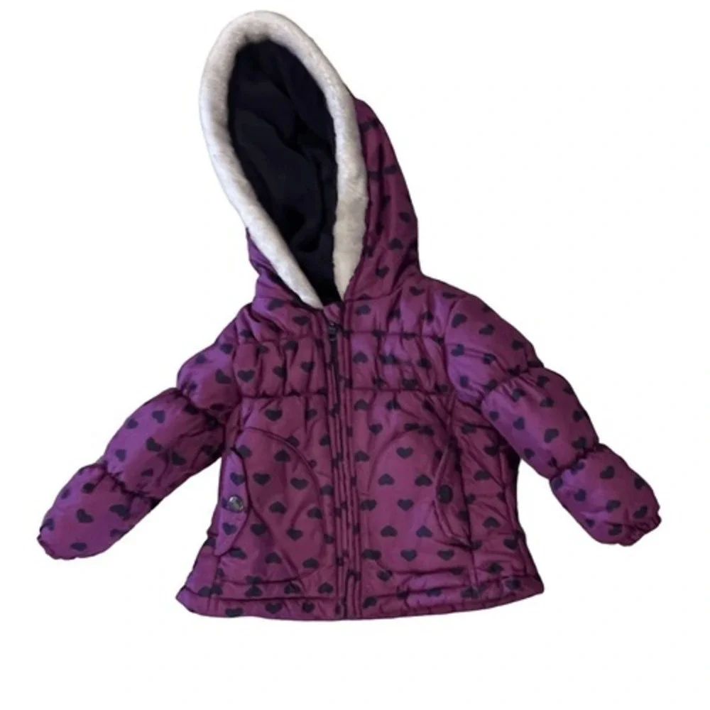 Oshkosh B'gosh Purple‎ Hearts AOP Hooded Puffer Coat 2T Girl Winter Ski Outdoor